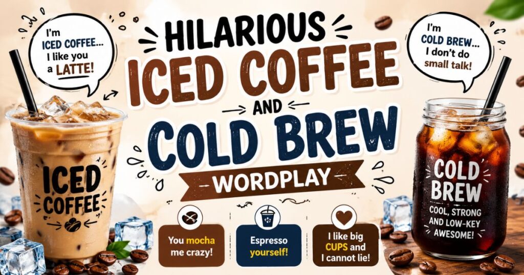 A refreshing glass of iced cold brew showcasing hilarious iced coffee and cold brew wordplay with funny coffee puns for morning to boost social media engagement