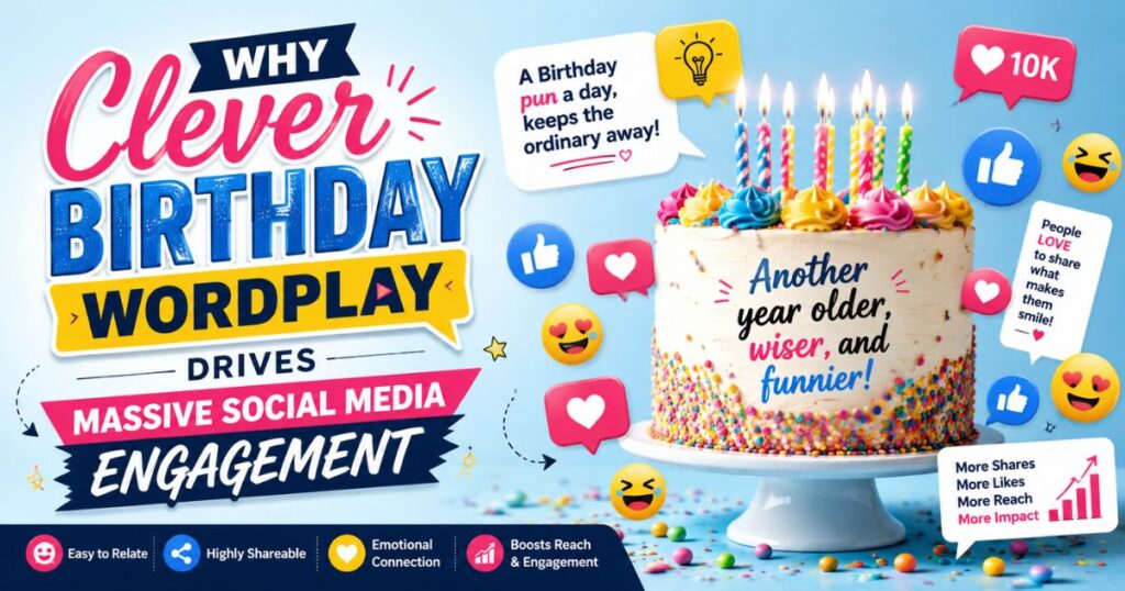 An educational template explaining why clever birthday wordplay drives massive social media engagement to increase organic blog traffi