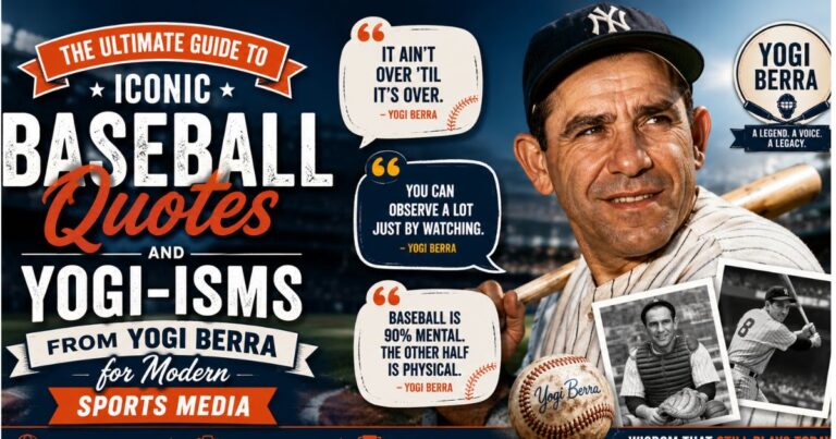 A premium stadium theme graphic template showcasing the ultimate guide to iconic baseball quotes and yogi-isms from Yogi Berra for modern sports media to boost social media engagement.